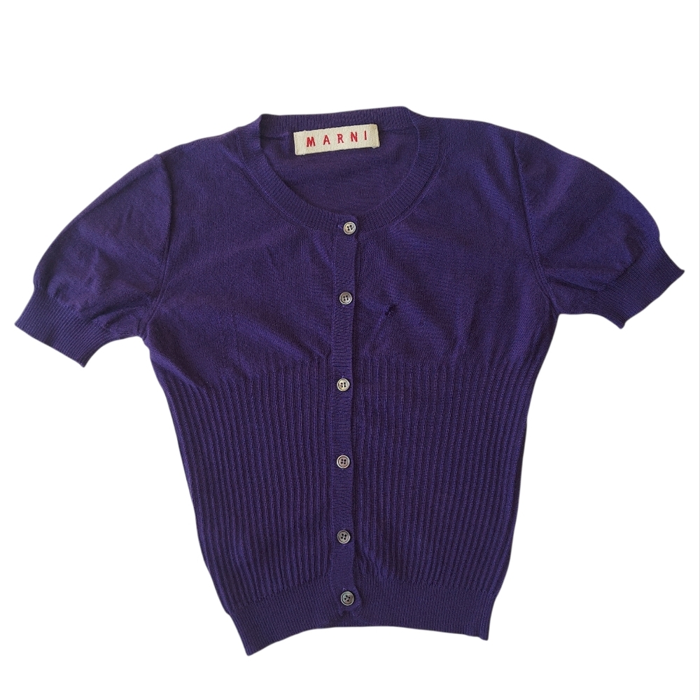 Marni Purple Button-Up Fitted Stretch Cropped Rib Knit Cashmere Cardigan Size 38